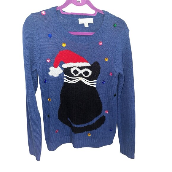 Carolyn Taylor Ugly Christmas Sweater Small Navy Cat Santa Beaded Festive Y2K - Picture 5 of 14
